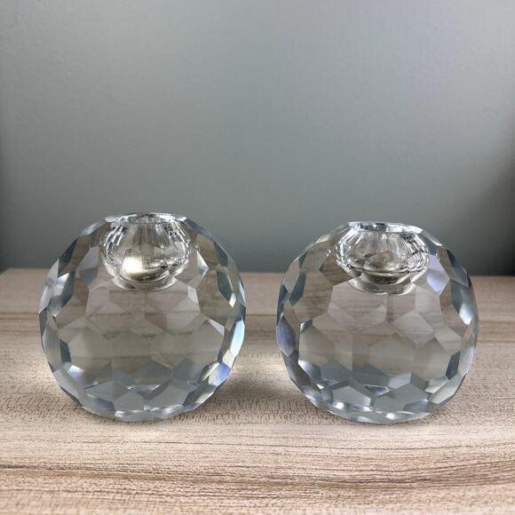 Vintage Faceted Spherical Glass Candlestick Holder Honeycomb Set of 2 - Picture 1 of 10
